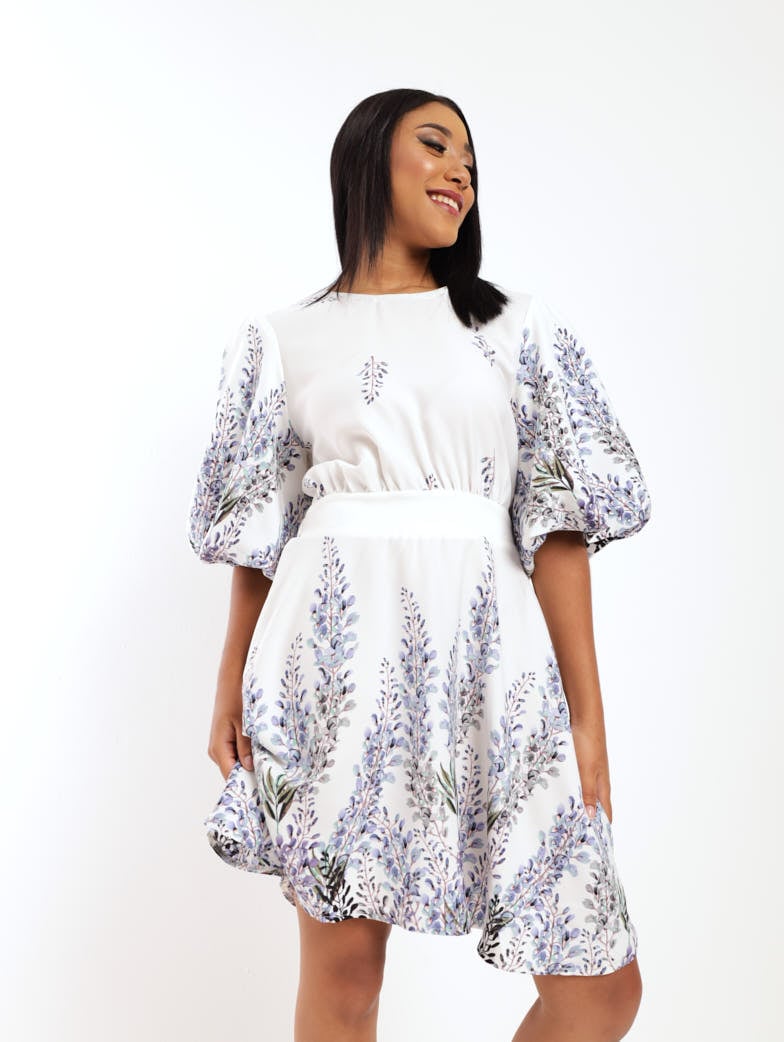 Ladies Puff Sleeve Mini Dress - Blue