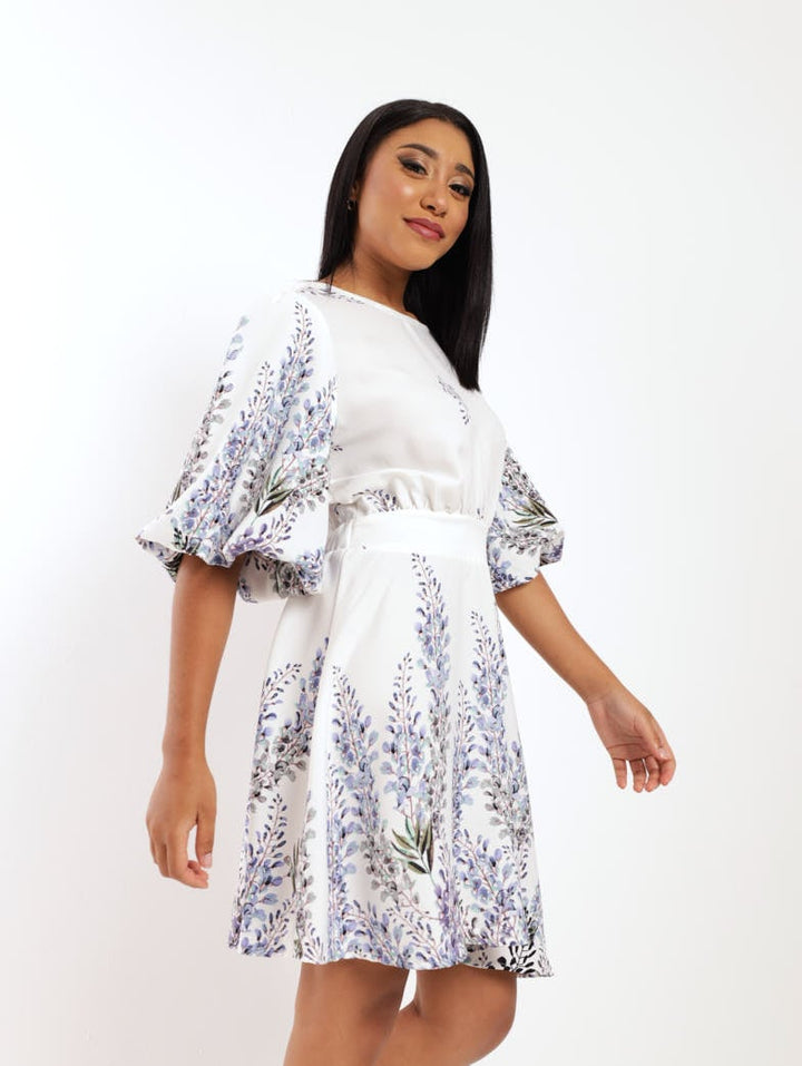 Ladies Puff Sleeve Mini Dress - Blue