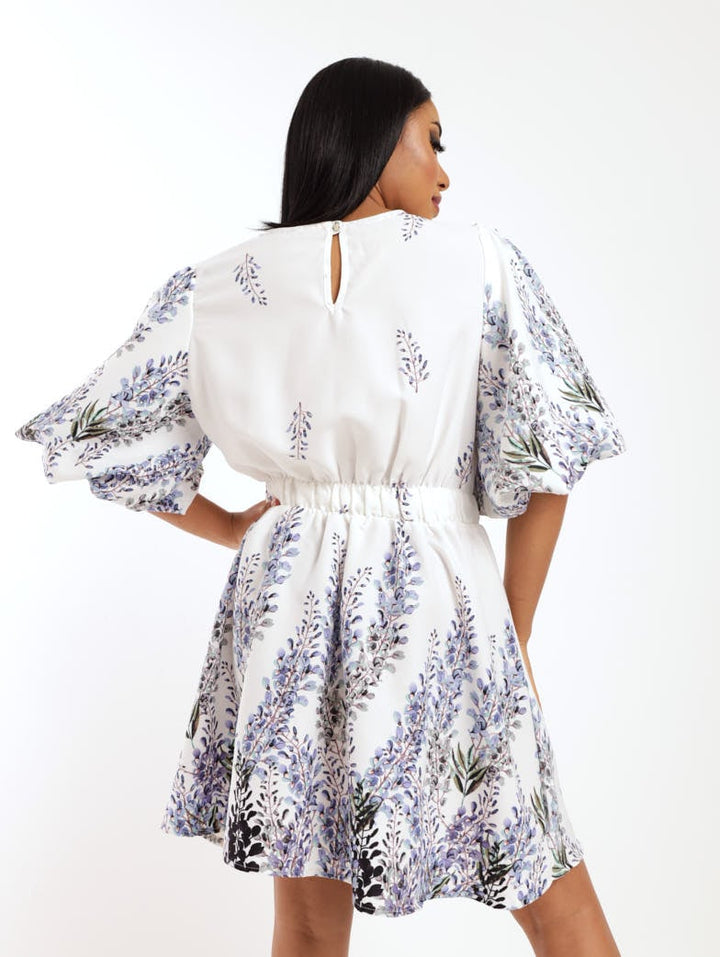 Ladies Puff Sleeve Mini Dress - Blue