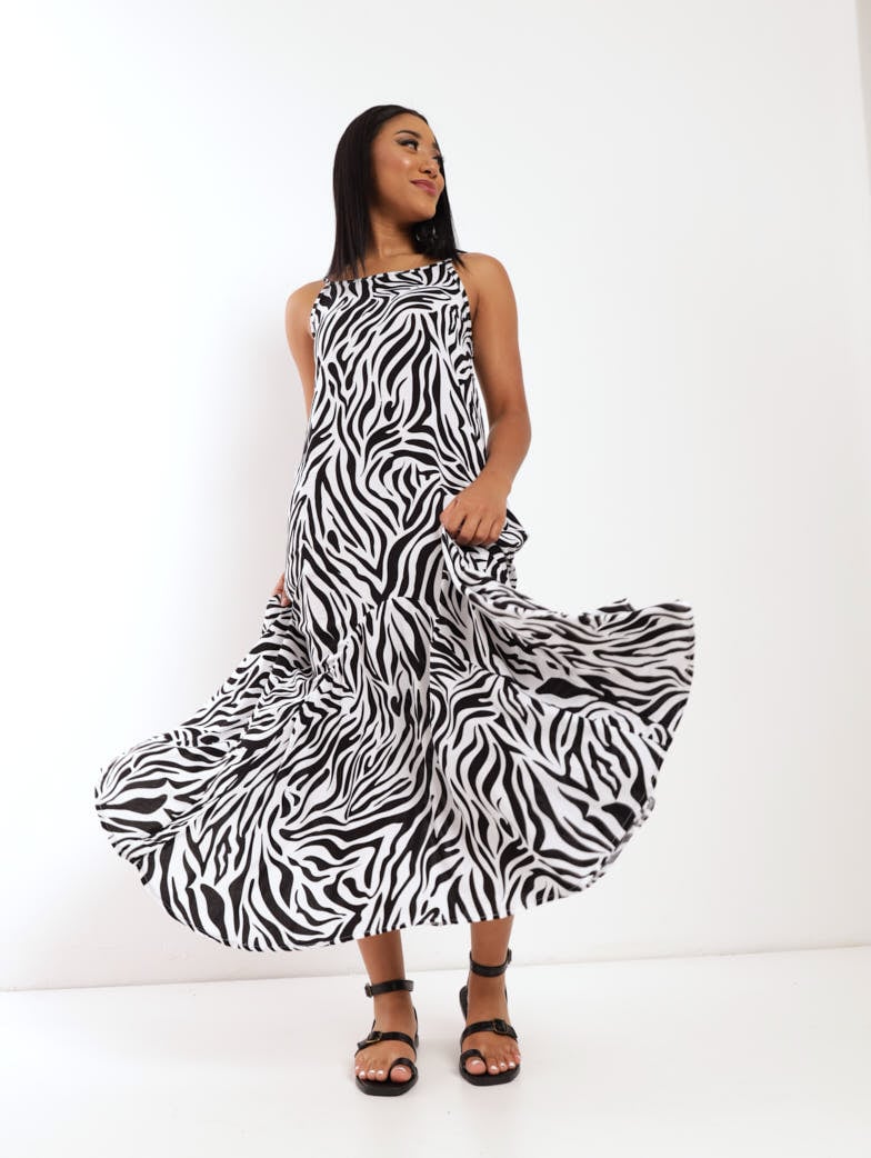 Ladies Zebra Printed Hanky Hem Dress - Black/White