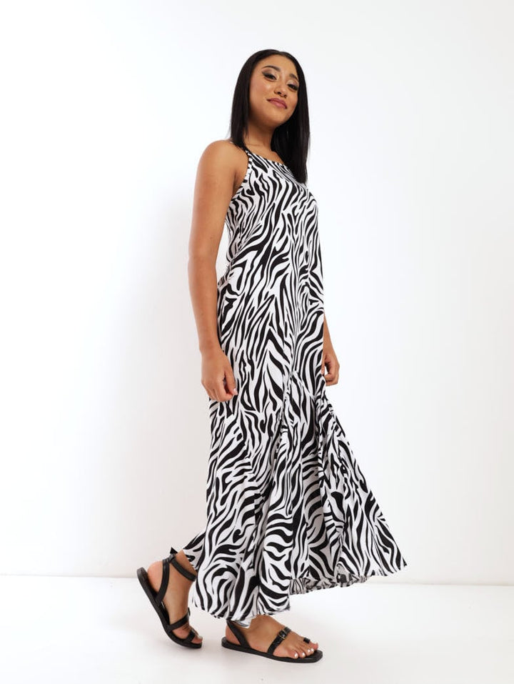 Ladies Zebra Printed Hanky Hem Dress - Black/White