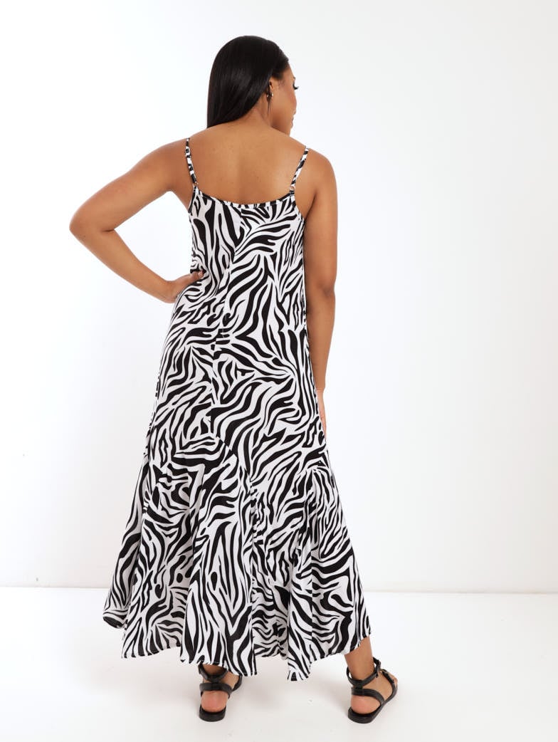 Ladies Zebra Printed Hanky Hem Dress - Black/White
