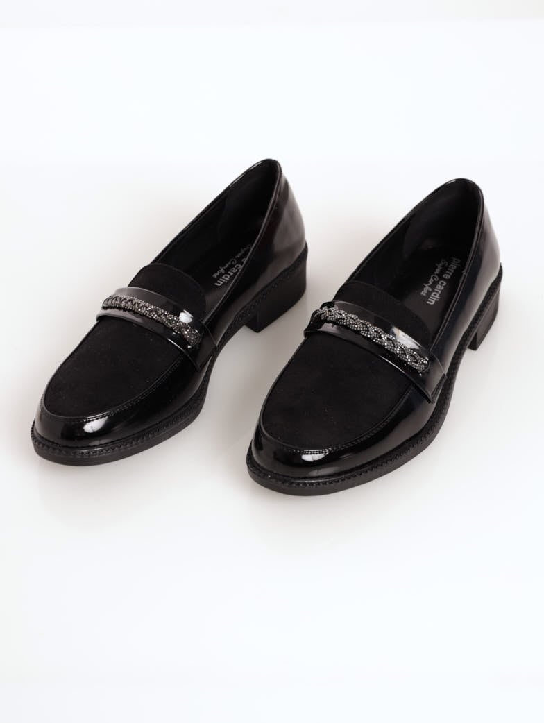 Ladies Fabric Block Loafer With Plaited Glitz Trim - Black