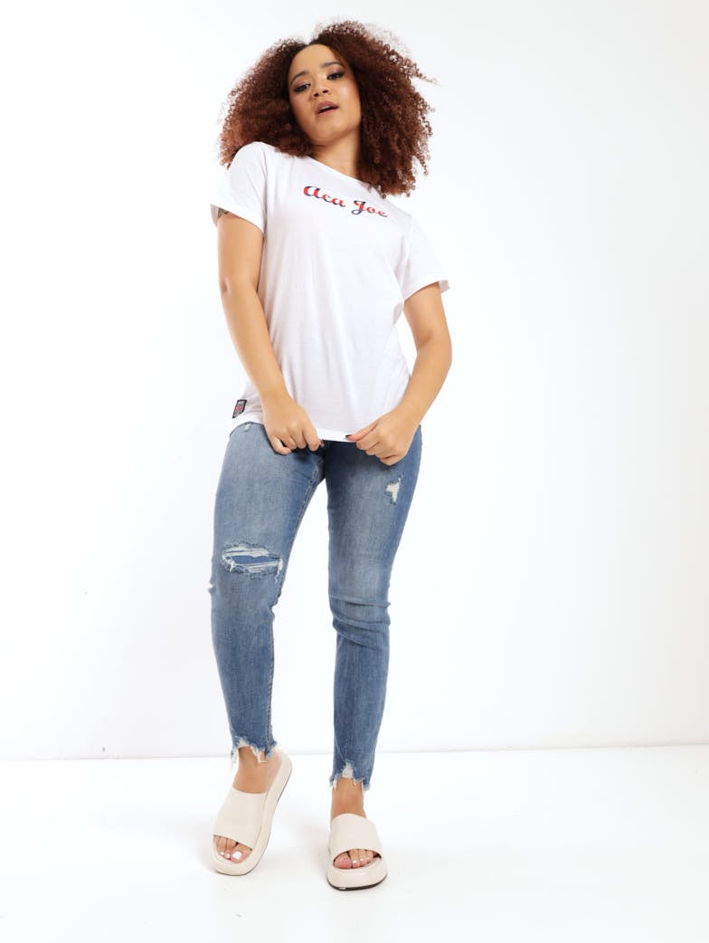Ladies Short Sleeve Embroidered Jersey Tee - White