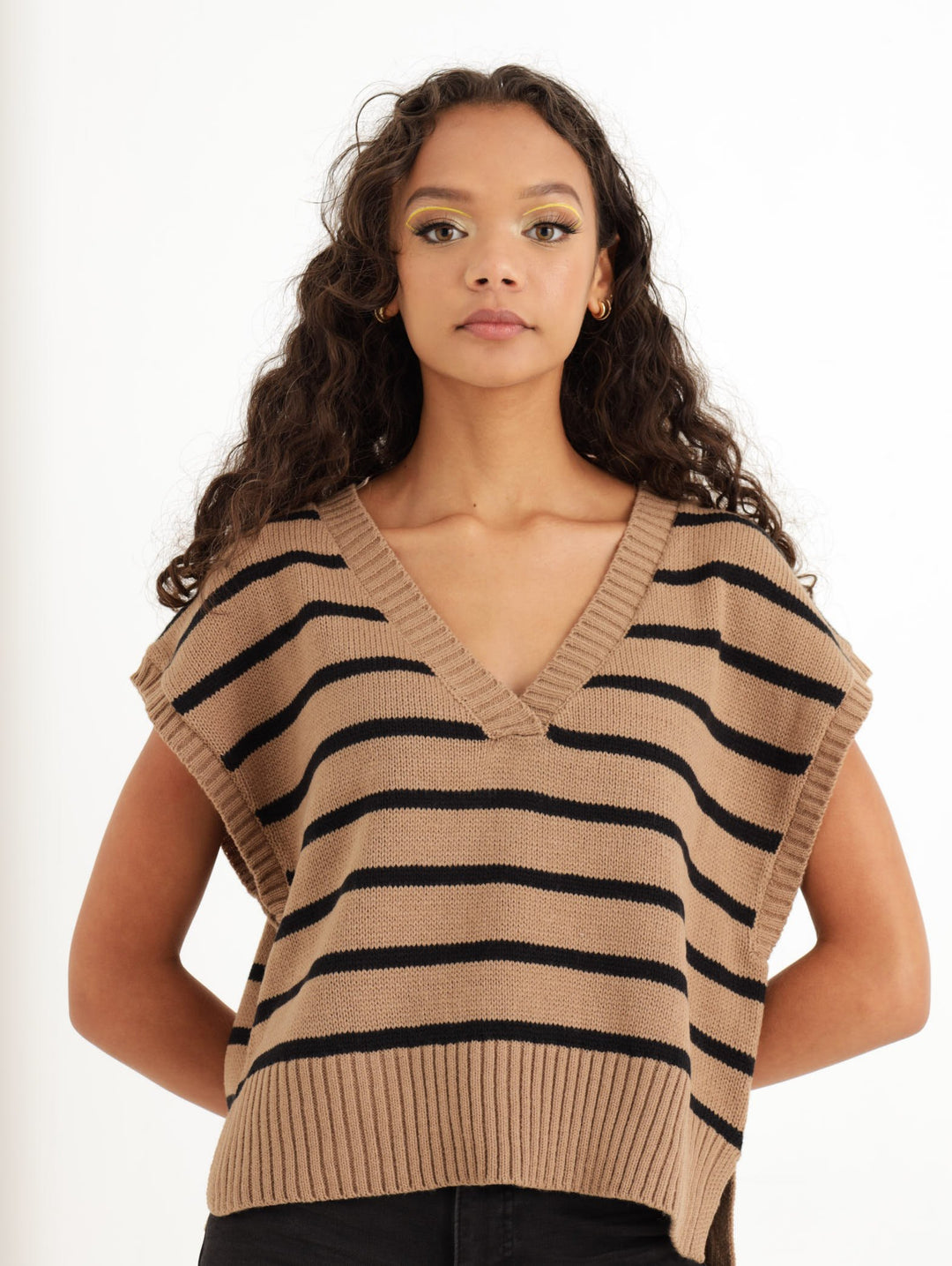 Ladies Striped Knit Vest - Brown