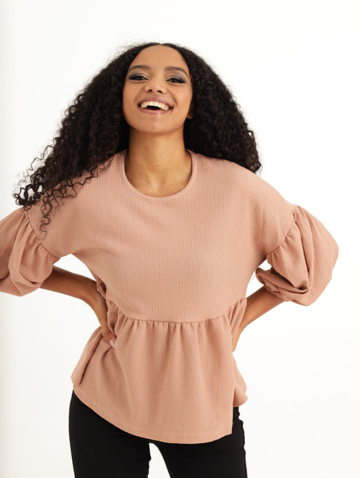 Ladies Crinkle Puff Sleeve Peplum Top - Pink