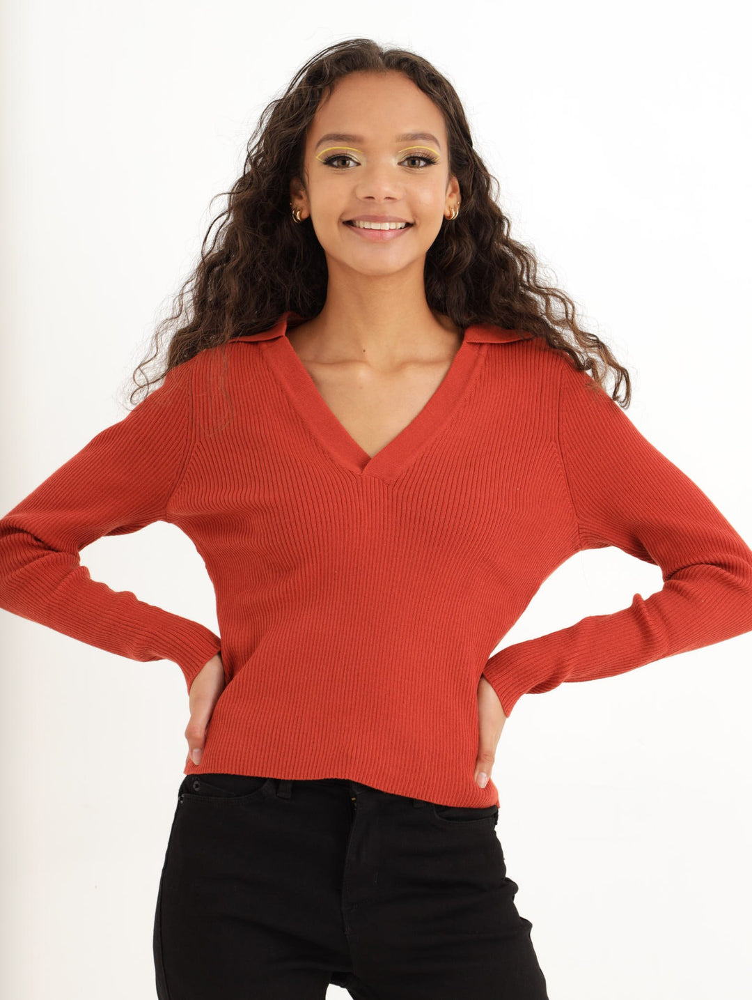 Ladies Collar Button Up Jersey - Rust