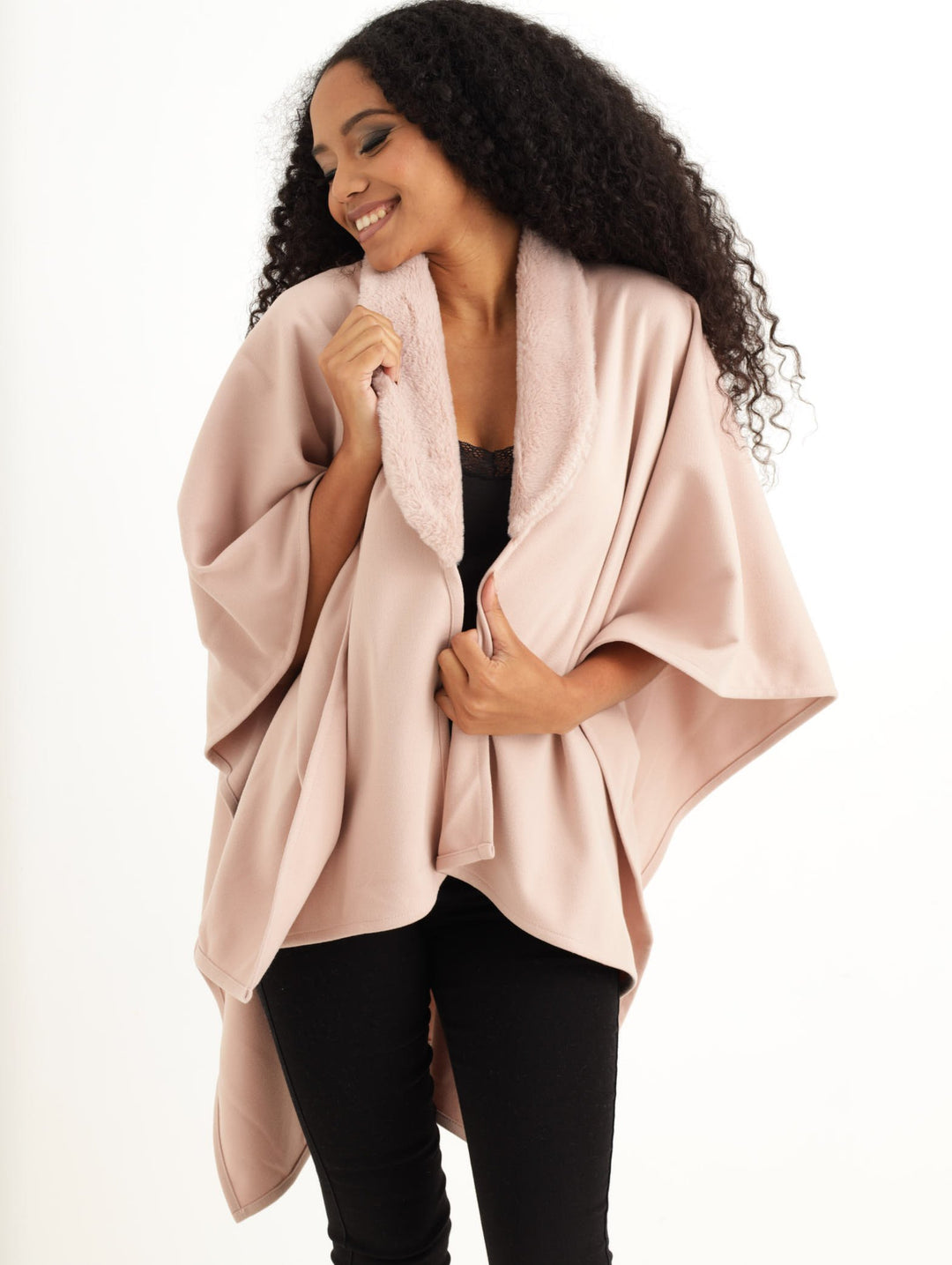 Ladies Faux Fur Trim Poncho - Pink