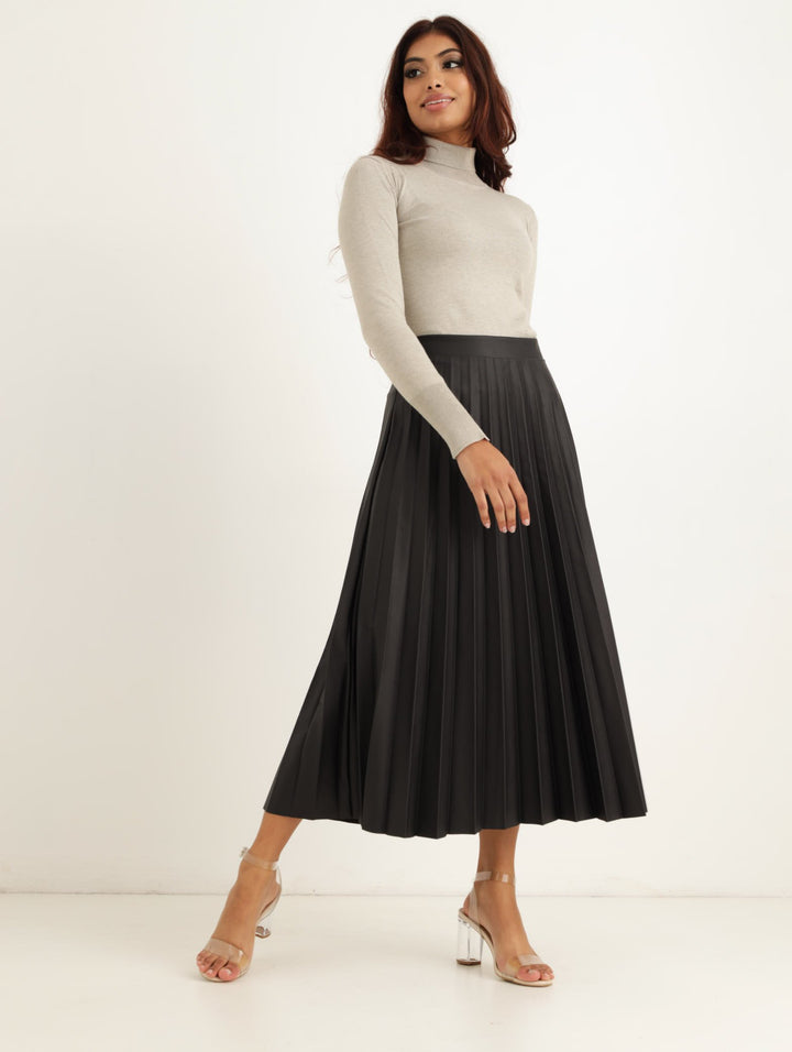 Ladies Pleated PU Midi Skirt - Black