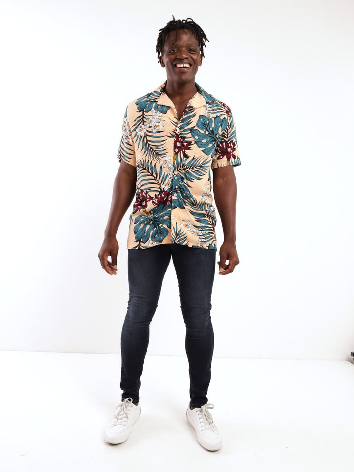 Men's Short Sleeve Viscose Print Shirt - Peach