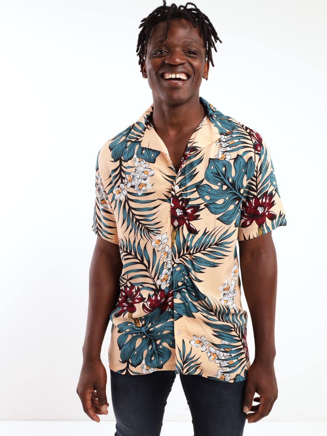 Men's Short Sleeve Viscose Print Shirt - Peach