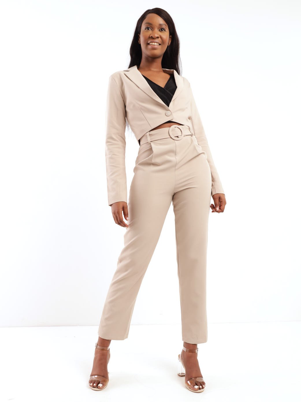 Ladies Slit Sleeve Cropped Blazer - Stone