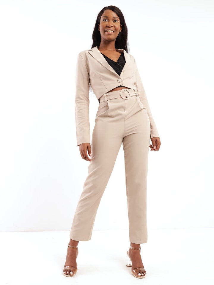 Ladies Slit Sleeve Cropped Blazer - Stone