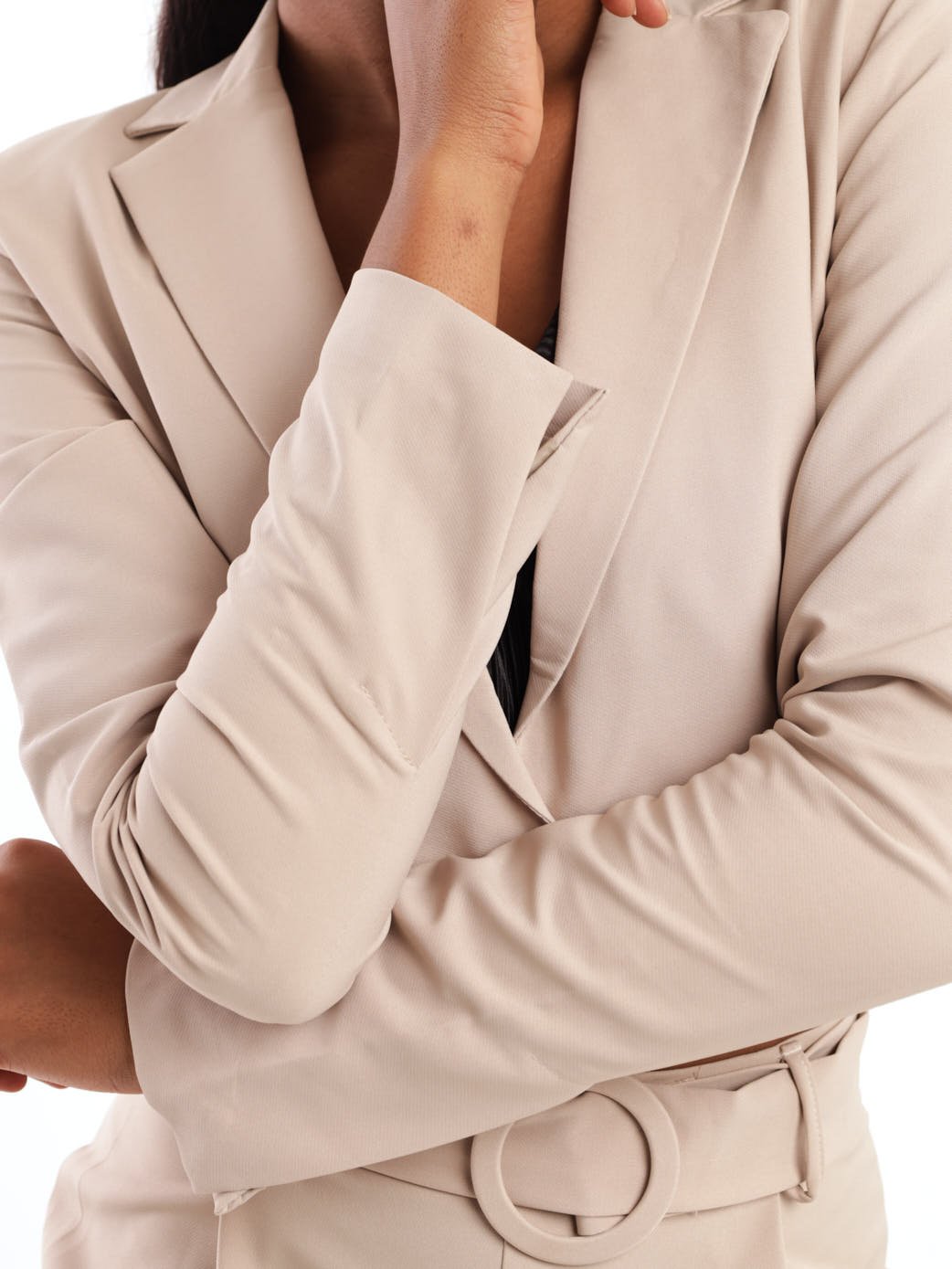 Ladies Slit Sleeve Cropped Blazer - Stone