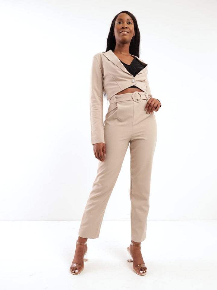 Ladies Covered Belt Slim Leg Suit Pant - Stone
