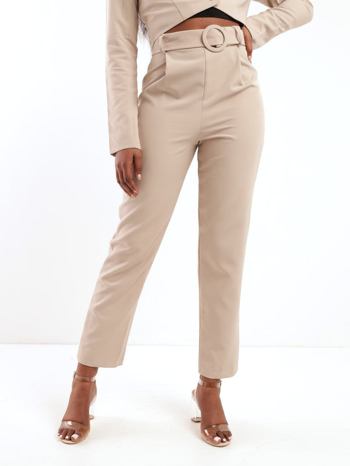 Ladies Covered Belt Slim Leg Suit Pant - Stone