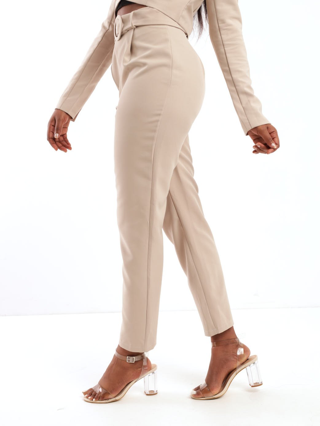Ladies Covered Belt Slim Leg Suit Pant - Stone