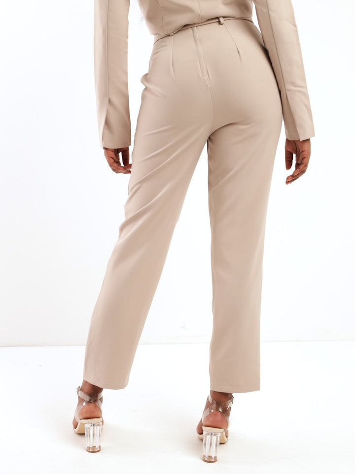 Ladies Covered Belt Slim Leg Suit Pant - Stone