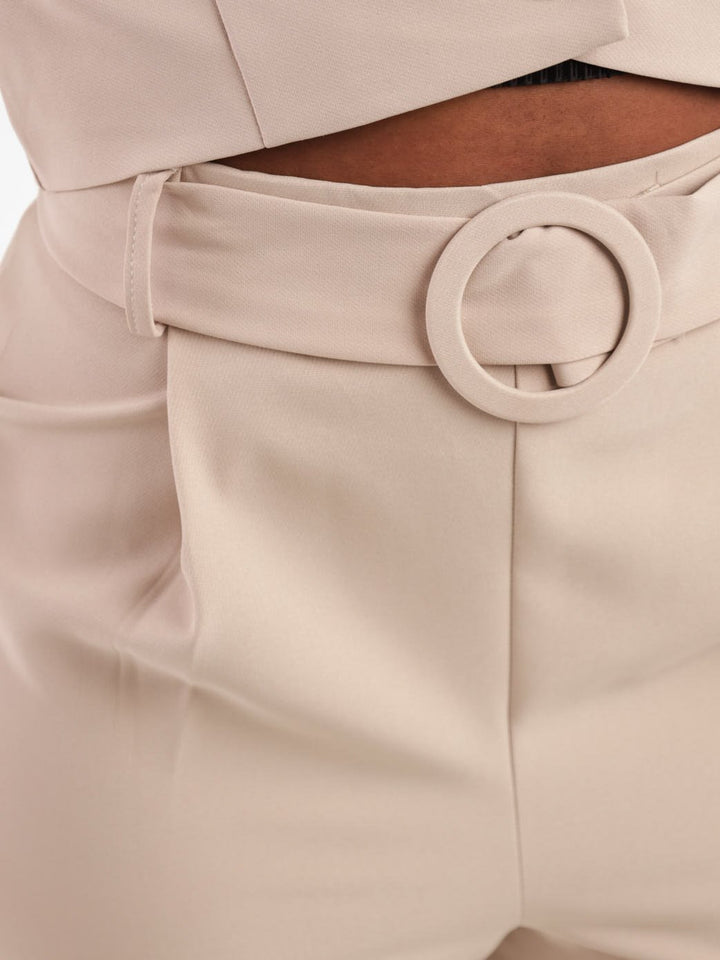 Ladies Covered Belt Slim Leg Suit Pant - Stone