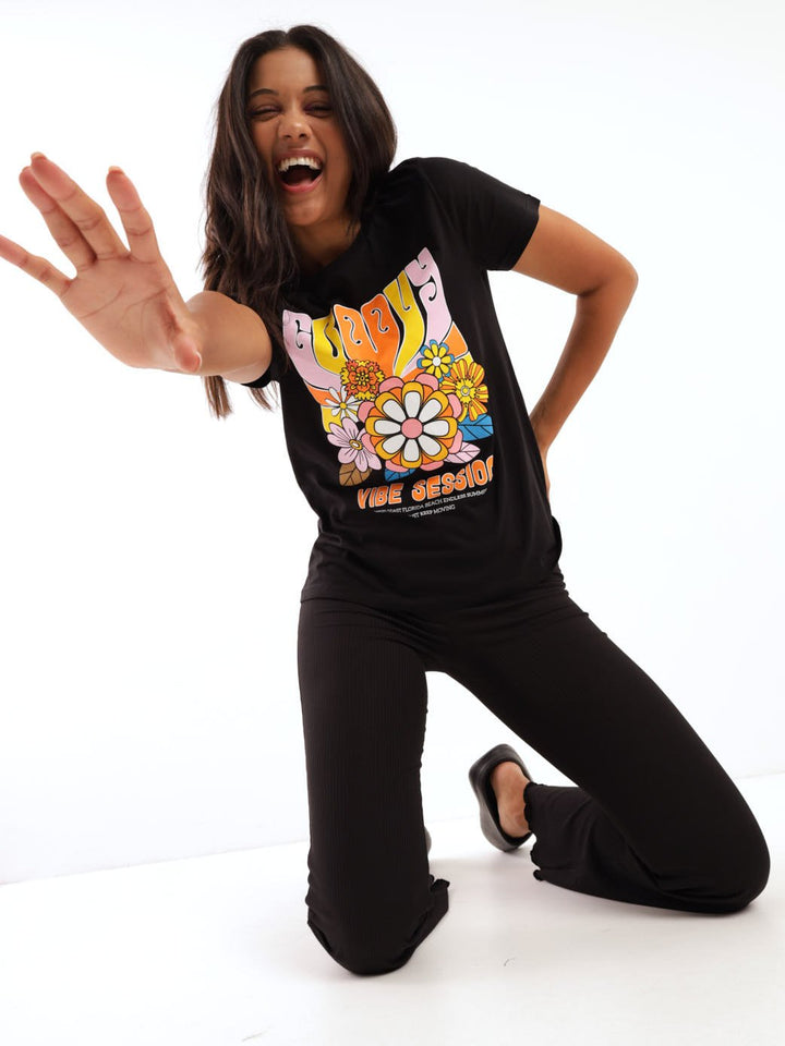 Ladies Printed Hippy Regular Top - Black