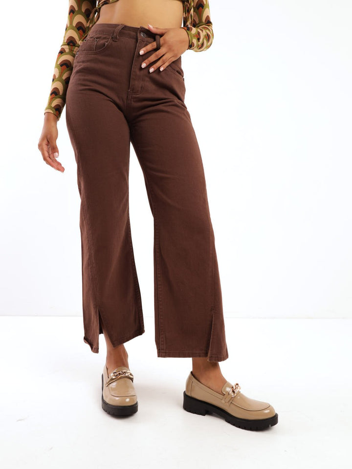 Ladies Brown 90'S Wideleg Split Hem Denim Jean