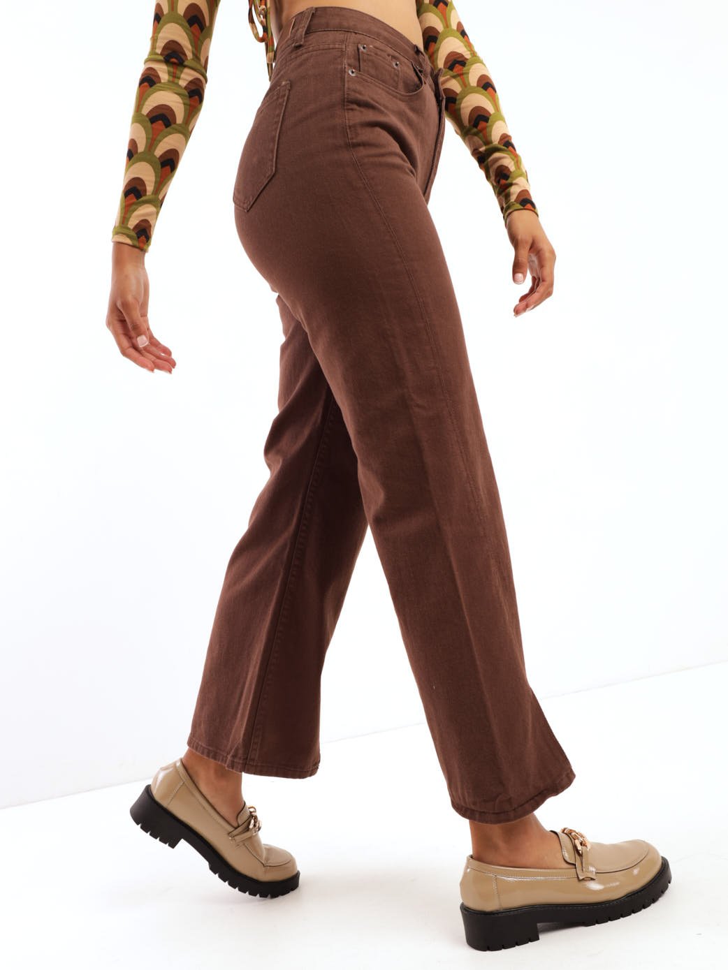 Ladies Brown 90'S Wideleg Split Hem Denim Jean