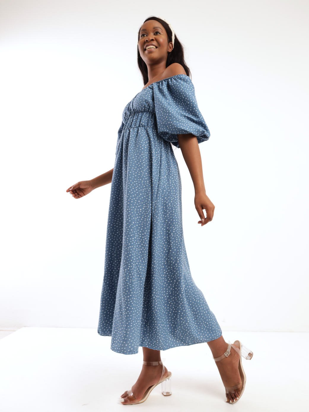 Ladies Fit & Flare Puff Sleeve Maxi Dress