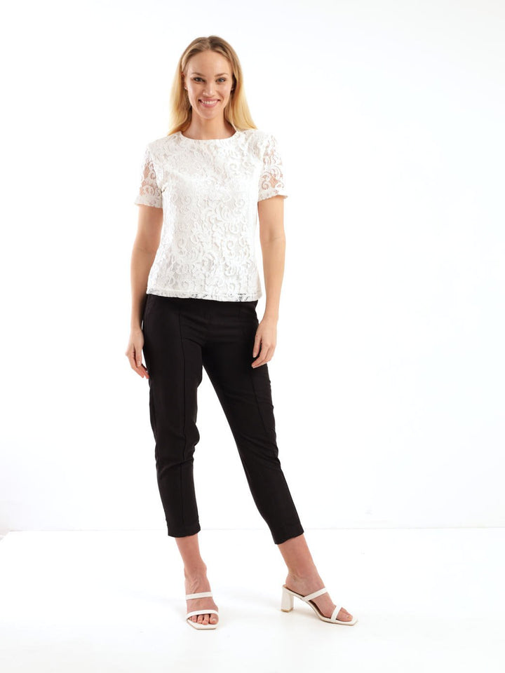 Ladies Short Sleeve Lace Tee - Cream