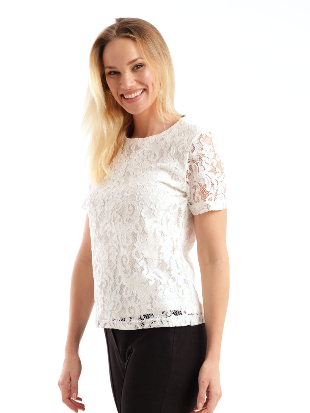 Ladies Short Sleeve Lace Tee - Cream