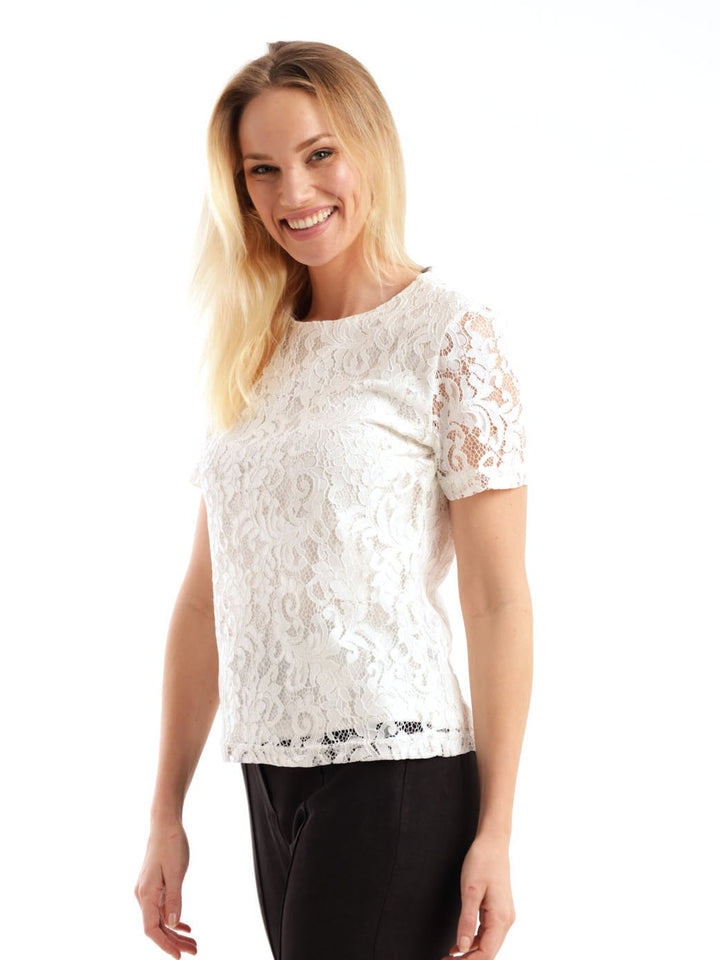 Ladies Short Sleeve Lace Tee - Cream