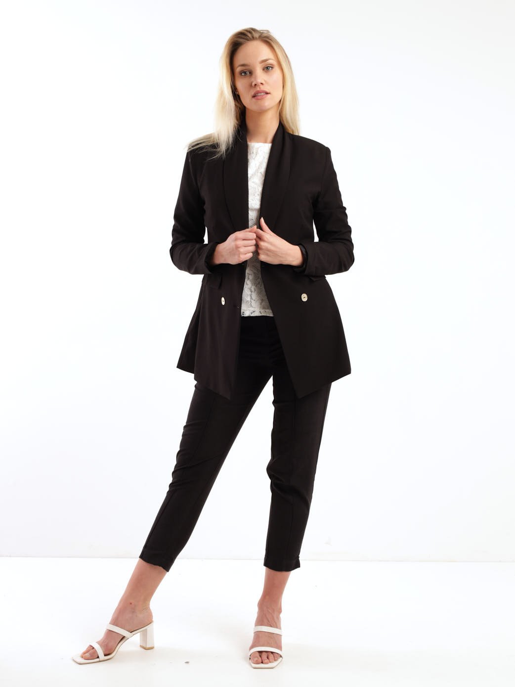 Ladies Longer Length Double Breasted Blazer - Black
