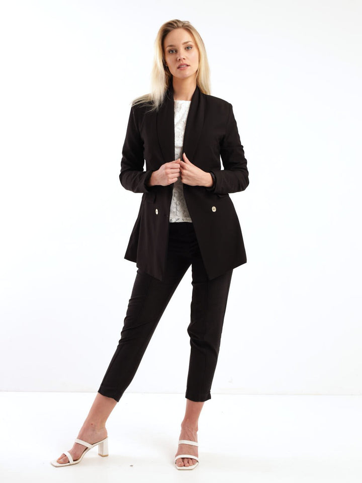 Ladies Longer Length Double Breasted Blazer - Black