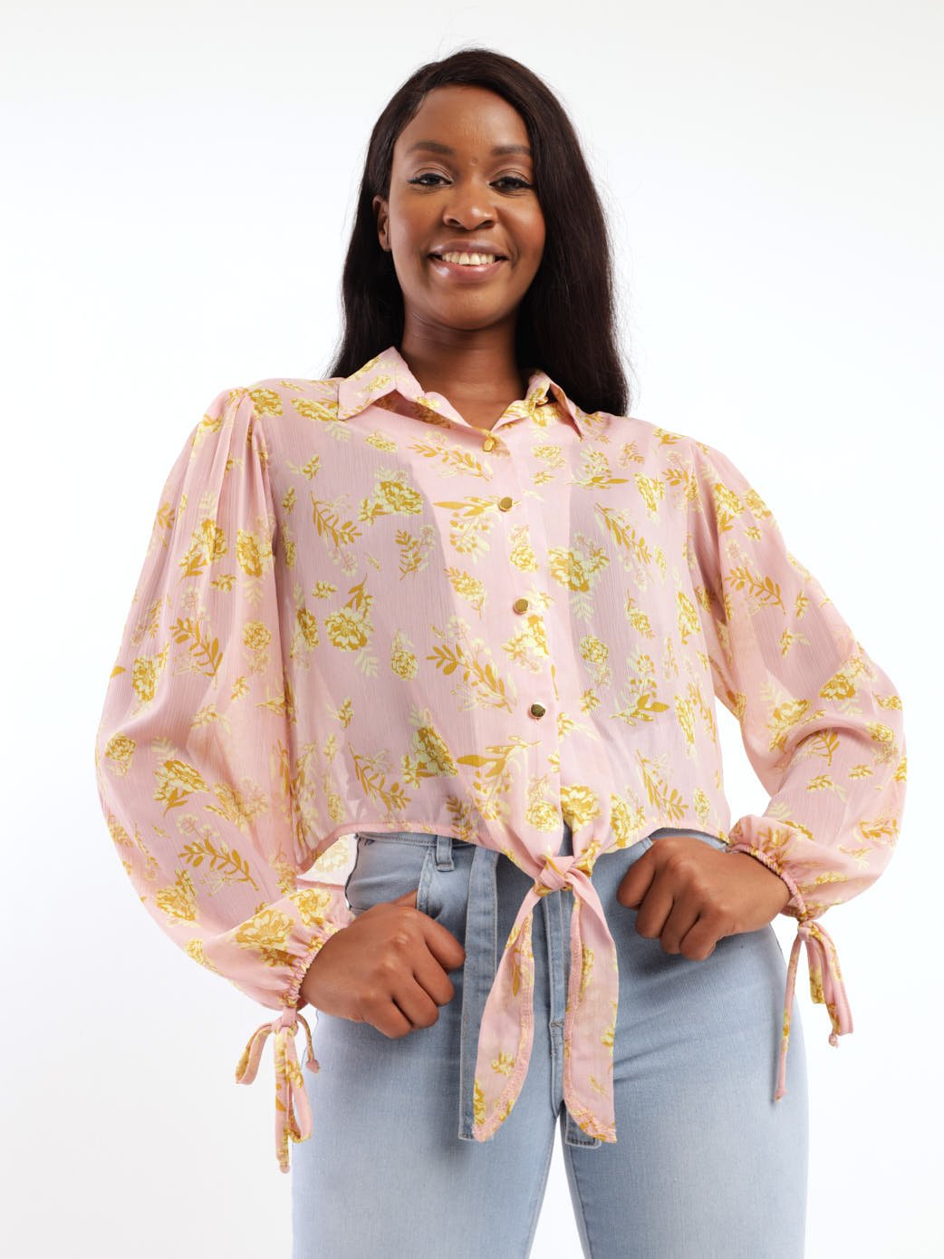 Ladies Bell Sleeve Button Through Blouse - Floral