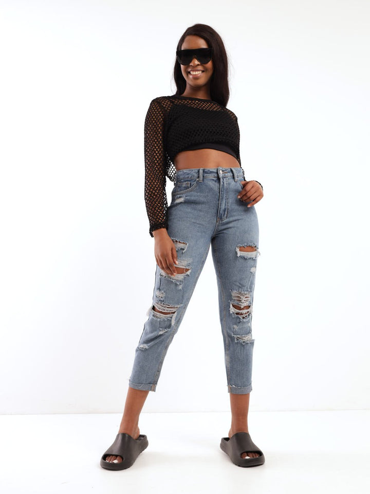 Ladies Long Sleeve Crop Top - Black