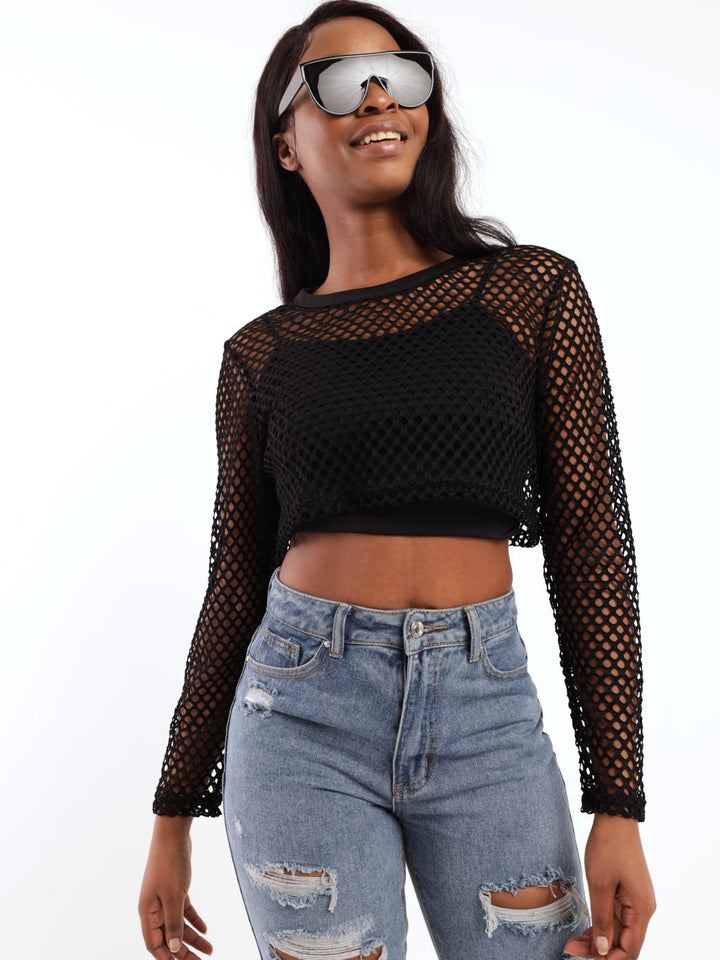 Ladies Long Sleeve Crop Top - Black