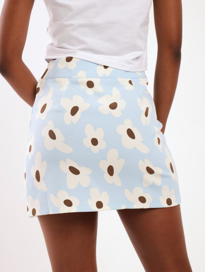Ladies Floral Wrap Mini Skirt - Light Blue