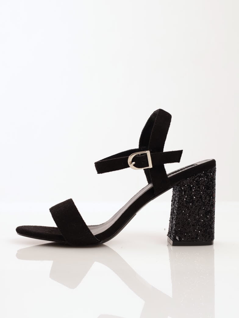 Ladies Glitter Block Heel Mule Sandal - Black