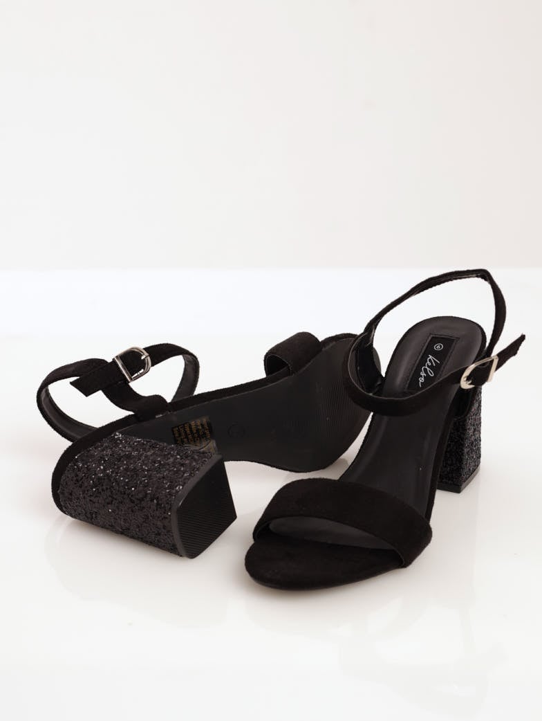 Ladies Glitter Block Heel Mule Sandal - Black