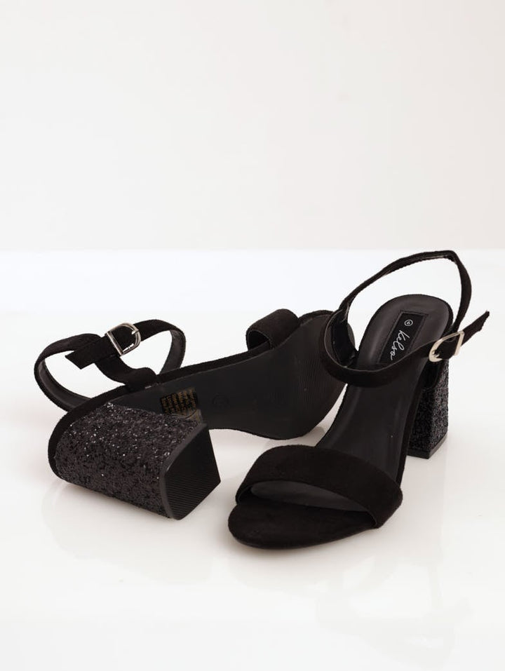 Ladies Glitter Block Heel Mule Sandal - Black