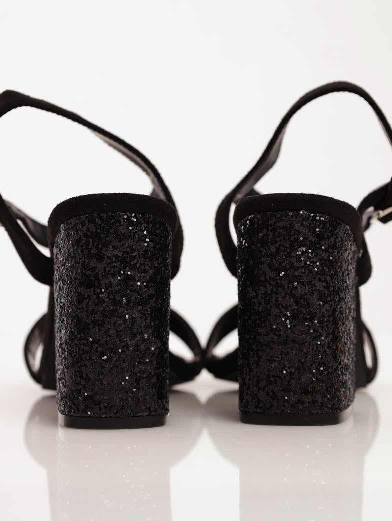 Ladies Glitter Block Heel Mule Sandal - Black