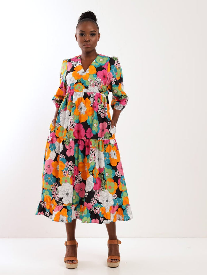 Ladies 3/4 Sleeve Bold Floral Tiered Maxi Dress