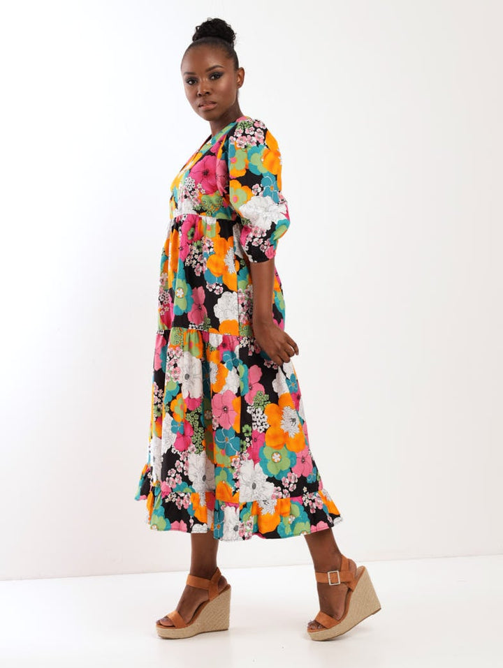 Ladies 3/4 Sleeve Bold Floral Tiered Maxi Dress