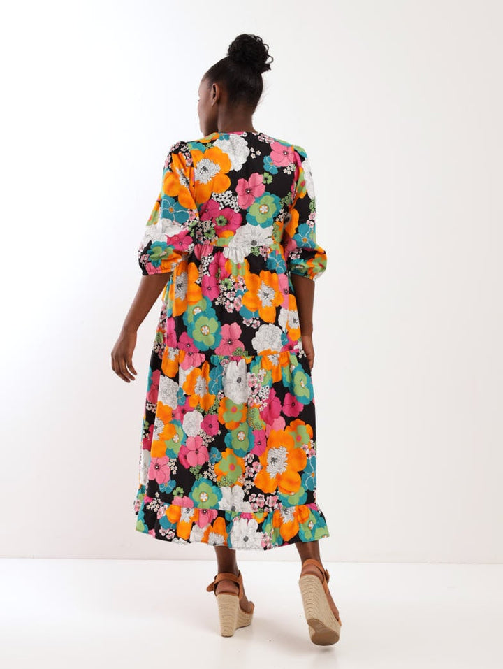 Ladies 3/4 Sleeve Bold Floral Tiered Maxi Dress