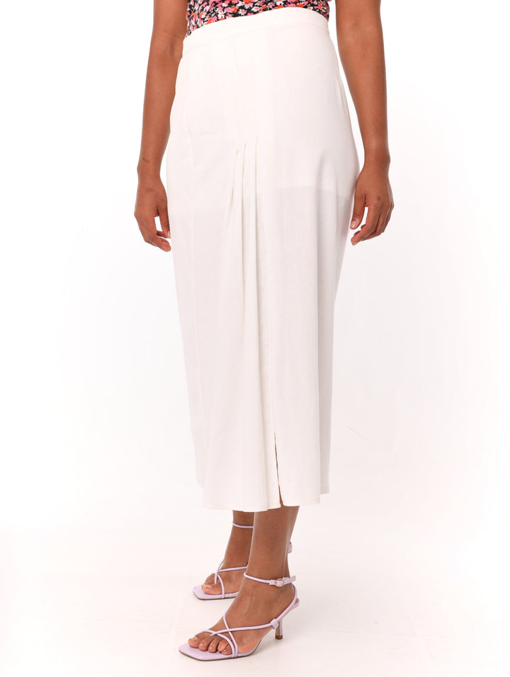 Ladies Side Split Pleated Midi Skirt - White
