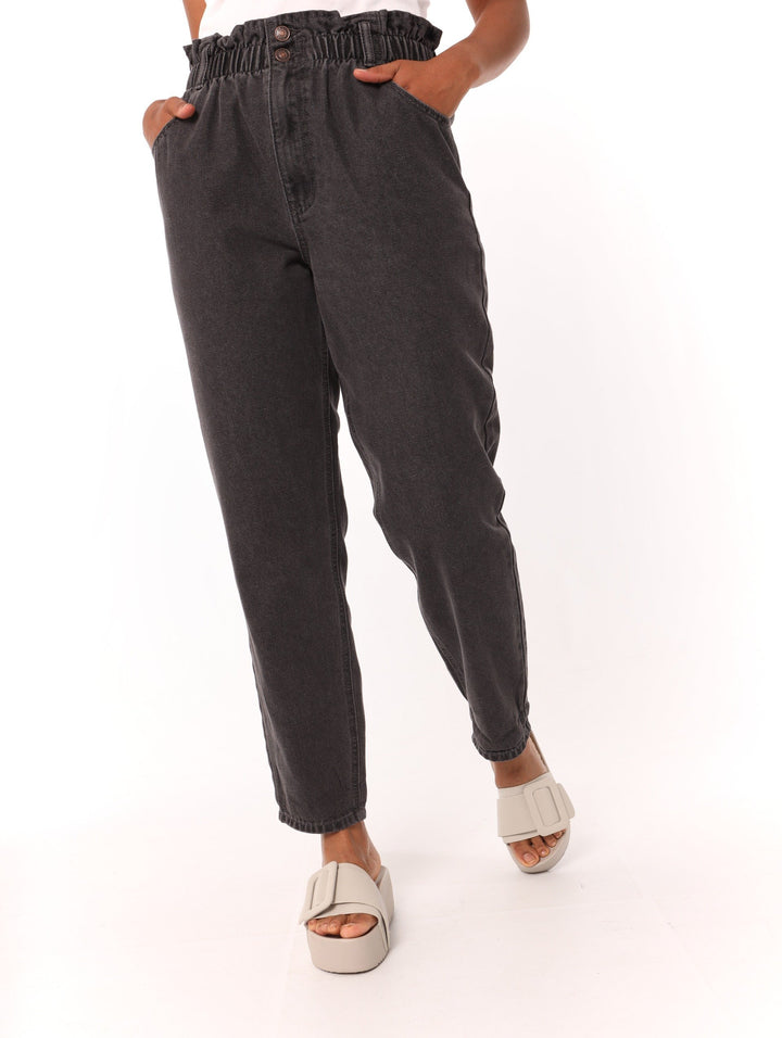 Ladies PaperBag Double Button Mom Jean - Black