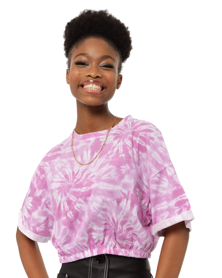 Ladies Elasticated Tie Dye Rotary Crop Top - Pink