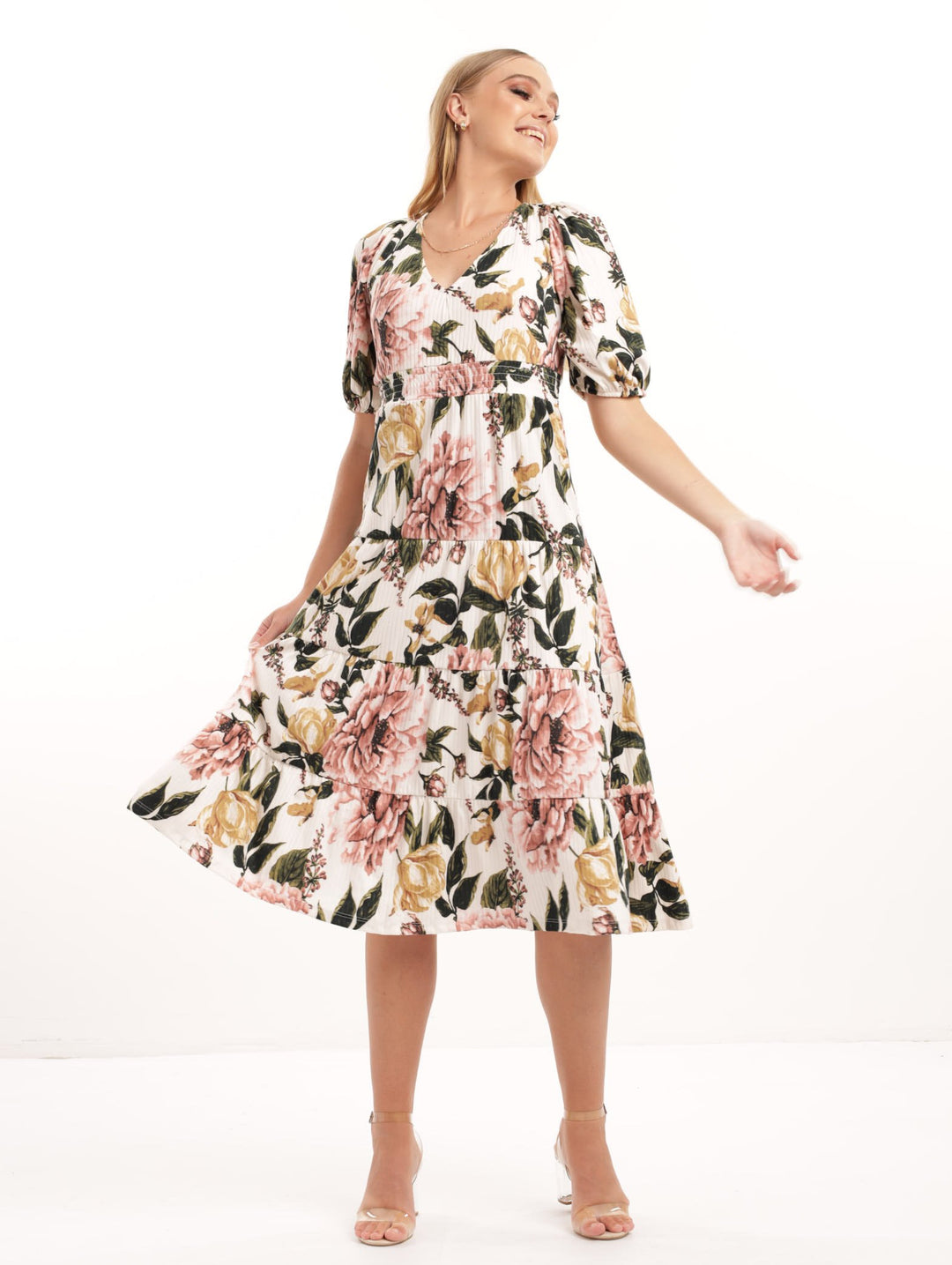 Ladies Volume Sleeve Tiered Maxi Dress Floral