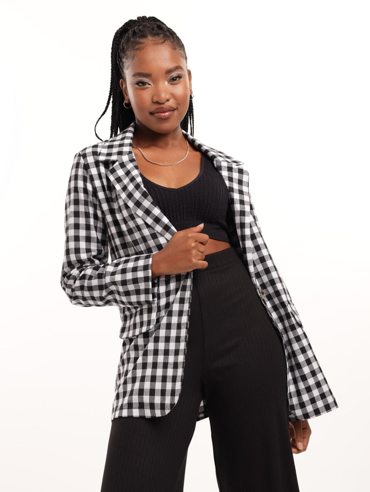 Ladies Oversized Gingham Blazer Set - Black