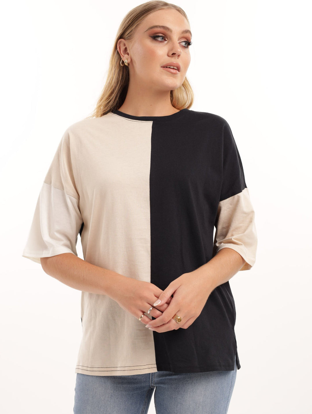 Ladies Colourblock Oversize Tee - Black/White
