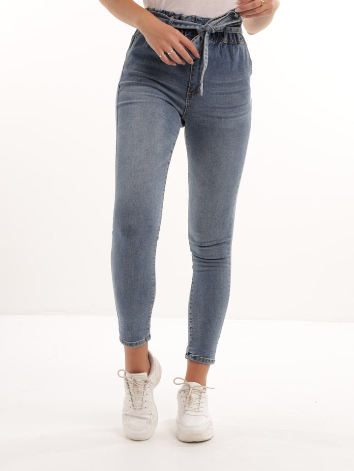Ladies Mid Blue Paperbag Belted Skinny Denim Jean